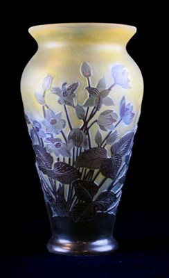 Lot 309 - Galle cameo glass vase - purple glass overlaid on citron body, cut with flowers and foliage