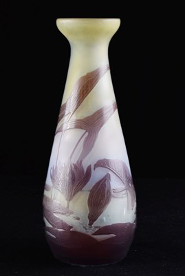 Lot 310 - Galle cameo vase  - purple glass overlaid on opaque and citron tinted body, cut with lillies