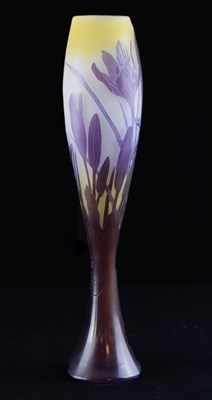 Lot 311 - Galle cameo vase - lilac glass overlaid on opaque and citron tinted body, cut with irises