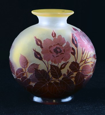 Lot 314 - Galle cameo glass flask - red glass overlaid on frosted citron body, cut with roses