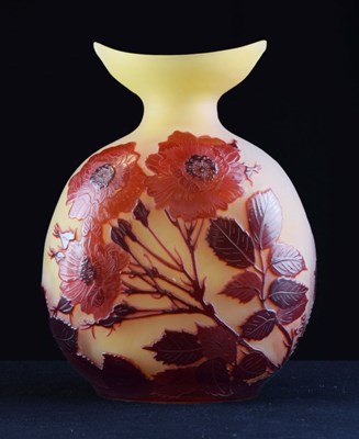 Lot 315 - Large Galle cameo glass vase, red glass overlaid on frosted citron body, cut with roses