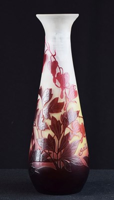 Lot 299 - Galle cameo vase - red and pink glass overlaid on opaque glass body, cut with fuschias