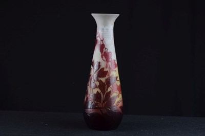 Lot 299 - Galle cameo vase - red and pink glass overlaid on opaque glass body, cut with fuschias