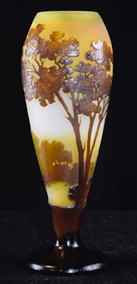 Lot 302 - Galle cameo vase - brown glass overlaid on frosted opaque body with citron, cut with trees