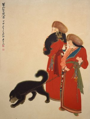 Lot 400 - Chinese print depicting two women with a cat and dog