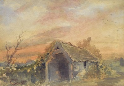 Lot 648 - Follower of Jean-Baptiste - Camille Corot - Watercolour - Landscape with barn