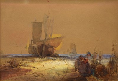 Lot 599 - David Cox - Mid 19th Century watercolour - Fishermen near boats at low tide