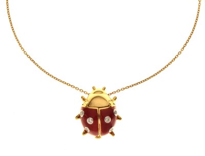 Lot 29 - 18ct gold, diamond and enamel ladybird brooch pendant
