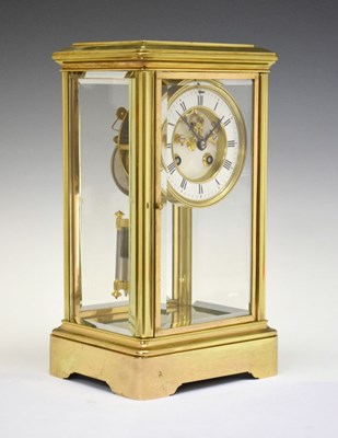 Lot 465 - French brass four-glass mantel clock, visible Brocot