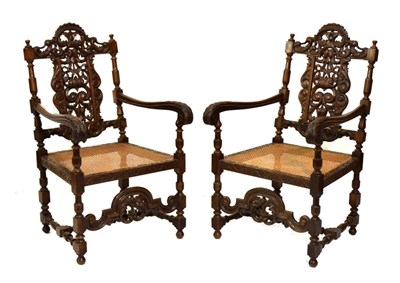 Lot 610 - Pair of 17th Century-style cane-seated fruitwood occasional chairs