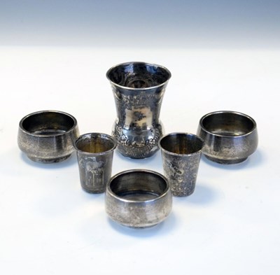 Lot 181 - Set of three Russian silver salts together with two Russian silver vodka cups, etc