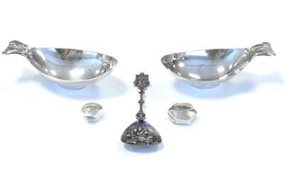 Lot 202 - Continental silver including pair of Finnish dishes, Dutch spoon and two patch boxes, etc