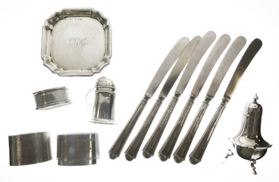 Lot 180 - Quantity of silver items to include George VI silver pin tray, three napkin rings, etc