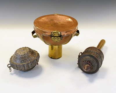 Lot 394 - Three Eastern items, Tibetan prayer wheel, circular nut box, and pedestal vessel