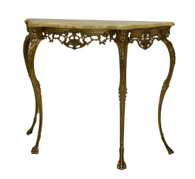 Lot 570 - Gilt metal demi lune side table with green onyx shaped top