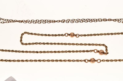 Lot 78 - Yellow metal rope-link long chain, tagged 9c, and an unmarked yellow metal chain
