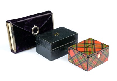 Lot 341 - Three novelty inkwells - tartan ware, purple velvet case and other