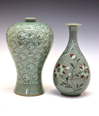 Lot 377 - Two Korean Songwol inlaid Celadon 'Maebyong' vases