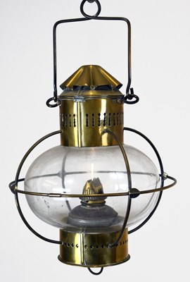 Lot 308 - Brass hanging oil lamp