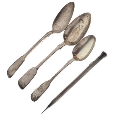 Lot 183 - 'Eversharpe' sterling retractable pencil, together with three silver spoons
