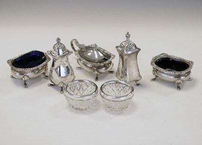 Lot 153 - Matched five-piece silver cruet set, together with a pair of silver-mounted cut-glass salts