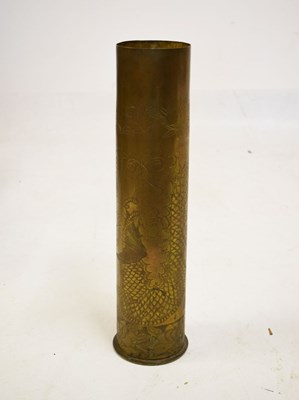 Lot 332 - WWI brass shell case dated 1916 and engraved with chinoiserie decoration