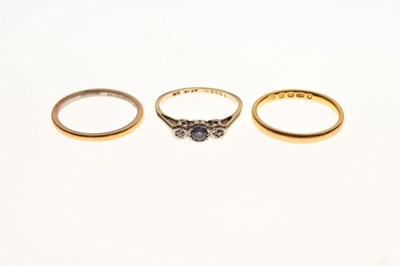 Lot 34 - 22ct gold wedding band, a gold wedding band stamped 'Platinum 22ct and a sapphire and diamond ring