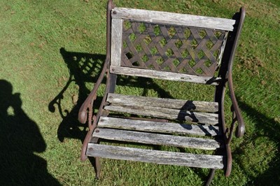 Lot 778 - Suite of cast metal and slatted wood garden furniture