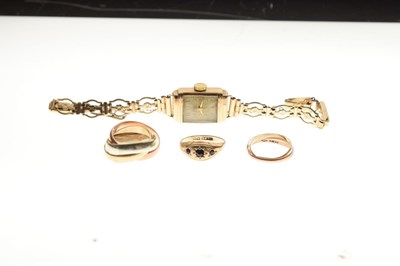 Lot 47 - Three 9ct gold rings, and a lady's Avia wristwatch