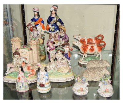 Lot 481 - Quantity of Staffordshire figures, cow creamers, etc