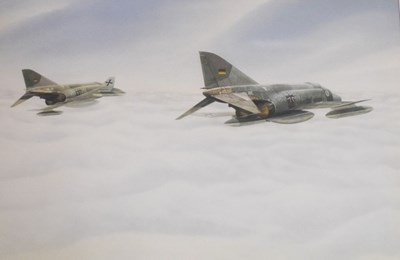 Lot 442 - D.M. Teague (20th Century British) - Gouache on paper - Two West German Fighter jets in flight