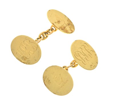 Lot 46 - Pair of 18ct gold cufflinks, engraved with hand symbol