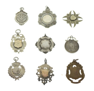 Lot 168 - Six silver and white metal fobs