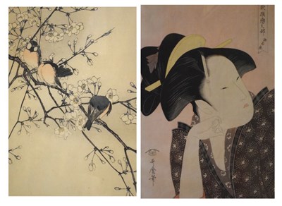 Lot 644 - Utamaro - 'Pensive Love' and Imao Keinen - Coal Tits on a Prunus Branch