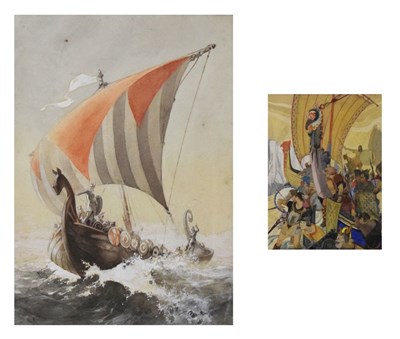 Lot 394 - Charles Rebel Stanton (British, 1890-1954) - Watercolour - Viking longboat underway