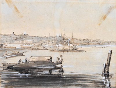 Lot 409 - Circle of George Chinnery - sepia ink - river scene, unframed