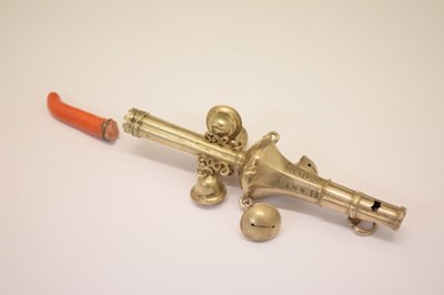 Lot 101 - 18th Century silver child's rattle and whistle with coral branch teether
