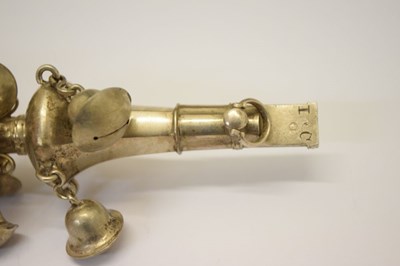 Lot 101 - 18th Century silver child's rattle and whistle with coral branch teether