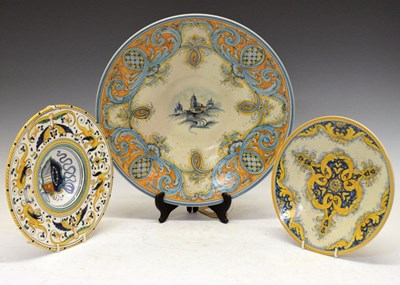 Lot 340 - Reproduction Italian maiolica tin glazed charger and two other similar plates