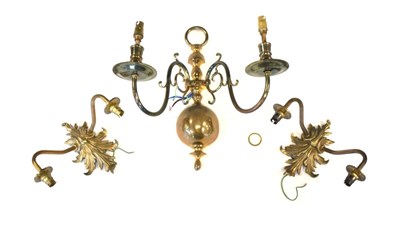 Lot 709 - Pair of brass two branch wall lights and single