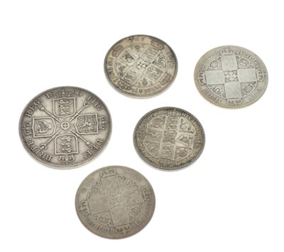 Lot 111 - Victorian 1890 Crown, three Gothic Florins, together with an 1849 Florin (5)