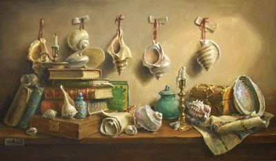 Lot 410 - Deborah Jones (1921-2012) - Oil on canvas - Still life with shells on a shelf