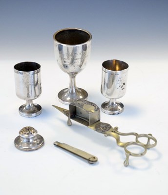 Lot 126 - Two George III silver pepperettes, a George V silver trophy cup, etc