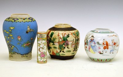 Lot 325 - Two Chinese porcelain ginger jars, Famille Rose miniature sleeve vase, etc.