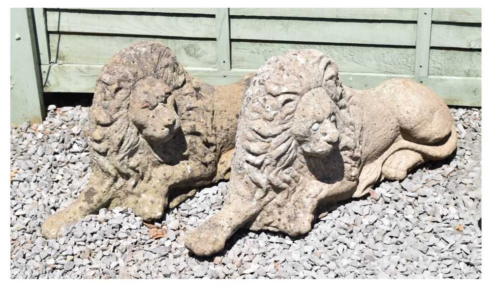 Lot 827 - Pair of composite stone garden lions in recumbent posture