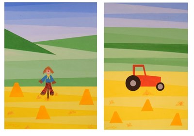 Lot 655 - A Pillinger - acrylic on board - "Red Tractor" and "Scarecrow"