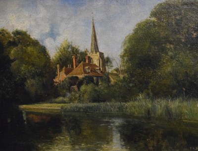 Lot 635 - Late 19th Century oil on canvas, indistinctly signed, River Scene with church