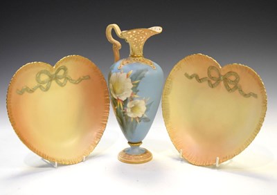 Lot 284 - Grainger Worcester reticulated ewer and pair of Royal Worcester blush ivory heart-shaped plates