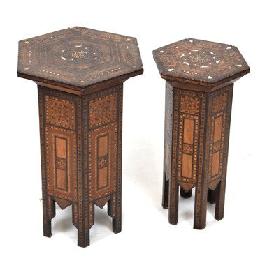 Lot 578 - Two Middle Eastern parquetry and mother-of-pearl inlaid hexagonal occasional tables or lamp stands