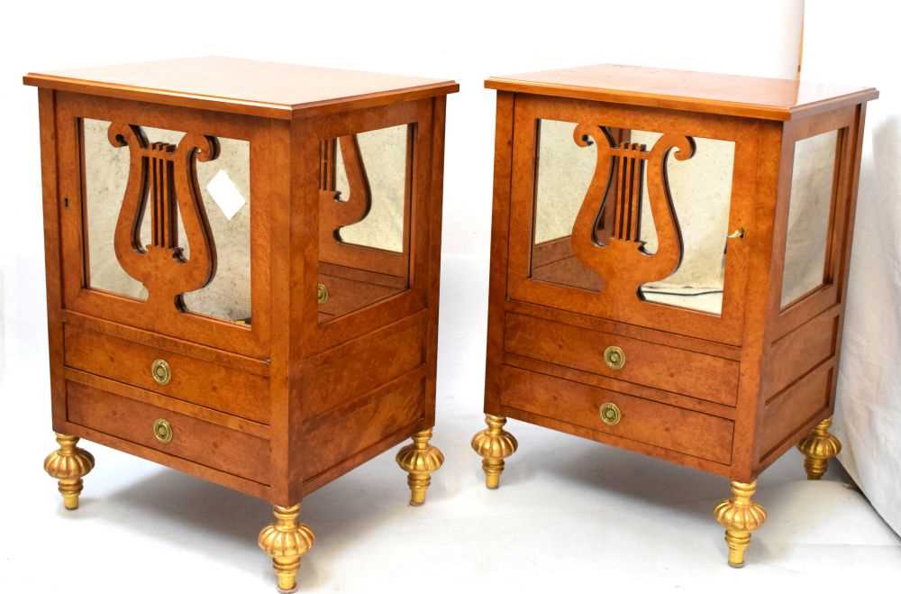 Lot 618 - Pair of burr maple veneer and mirrored drawing room cabinets